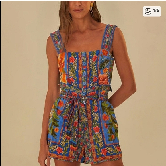 Farm Rio Blue Stitched Garden Romper - Picture 1 of 5